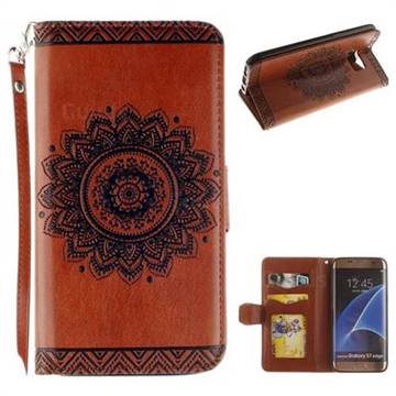 Embossed Datura Flower PU Leather Wallet Case for Samsung Galaxy S7 Edge s7edge - Brown