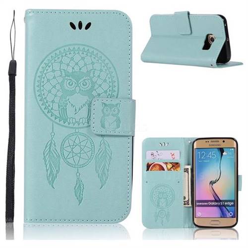 Intricate Embossing Owl Campanula Leather Wallet Case for Samsung Galaxy S7 Edge s7edge - Green