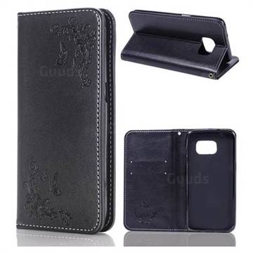 Intricate Embossing Slim Butterfly Rose Leather Holster Case for Samsung Galaxy S7 Edge s7edge - Black