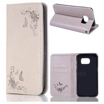 Intricate Embossing Slim Butterfly Rose Leather Holster Case for Samsung Galaxy S7 Edge s7edge - Grey