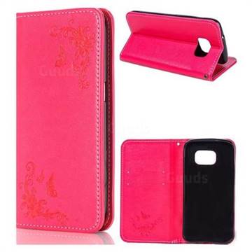 Intricate Embossing Slim Butterfly Rose Leather Holster Case for Samsung Galaxy S7 Edge s7edge - Red