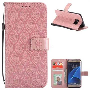 Intricate Embossing Rattan Flower Leather Wallet Case for Samsung Galaxy S7 Edge s7edge - Pink