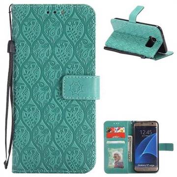Intricate Embossing Rattan Flower Leather Wallet Case for Samsung Galaxy S7 Edge s7edge - Green