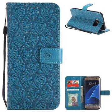 Intricate Embossing Rattan Flower Leather Wallet Case for Samsung Galaxy S7 Edge s7edge - Blue