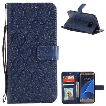 Intricate Embossing Rattan Flower Leather Wallet Case for Samsung Galaxy S7 Edge s7edge - Navy