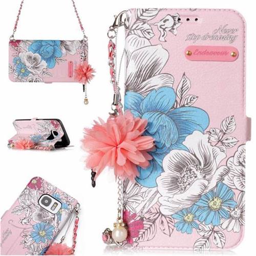 Pink Blue Rose Endeavour Florid Pearl Flower Pendant Metal Strap PU Leather Wallet Case for Samsung Galaxy S7 Edge s7edge