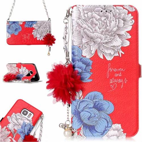 Red Chrysanthemum Endeavour Florid Pearl Flower Pendant Metal Strap PU Leather Wallet Case for Samsung Galaxy S7 Edge s7edge
