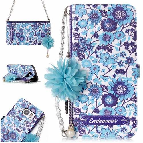 Blue-and-White Endeavour Florid Pearl Flower Pendant Metal Strap PU Leather Wallet Case for Samsung Galaxy S7 Edge s7edge