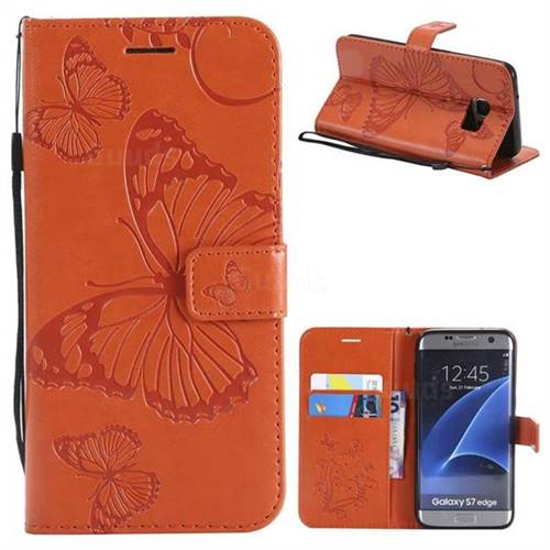 Embossing 3D Butterfly Leather Wallet Case for Samsung Galaxy S7 Edge s7edge - Orange