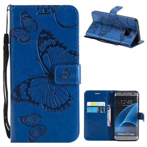 Embossing 3D Butterfly Leather Wallet Case for Samsung Galaxy S7 Edge s7edge - Blue