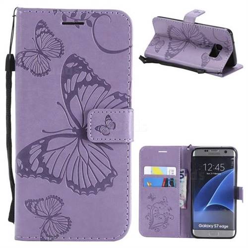 Embossing 3D Butterfly Leather Wallet Case for Samsung Galaxy S7 Edge s7edge - Purple
