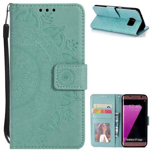 Intricate Embossing Datura Leather Wallet Case for Samsung Galaxy S7 Edge s7edge - Mint Green