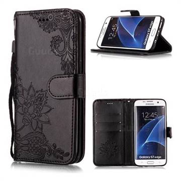 Intricate Embossing Lotus Mandala Flower Leather Wallet Case for Samsung Galaxy S7 Edge s7edge - Black