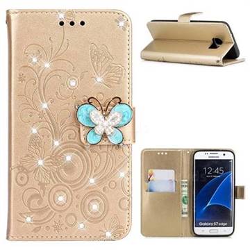 Embossing Butterfly Circle Rhinestone Leather Wallet Case for Samsung Galaxy S7 Edge s7edge - Champagne