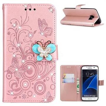Embossing Butterfly Circle Rhinestone Leather Wallet Case for Samsung Galaxy S7 Edge s7edge - Rose Gold