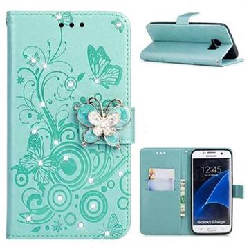 Embossing Butterfly Circle Rhinestone Leather Wallet Case for Samsung Galaxy S7 Edge s7edge - Cyan
