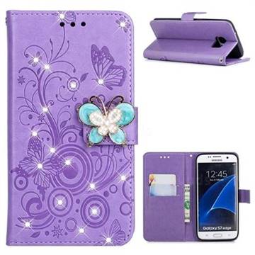 Embossing Butterfly Circle Rhinestone Leather Wallet Case for Samsung Galaxy S7 Edge s7edge - Purple