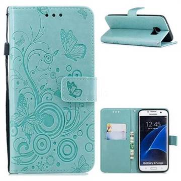 Intricate Embossing Butterfly Circle Leather Wallet Case for Samsung Galaxy S7 Edge s7edge - Cyan
