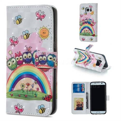 Rainbow Owl Family 3D Painted Leather Phone Wallet Case for Samsung Galaxy S7 Edge s7edge