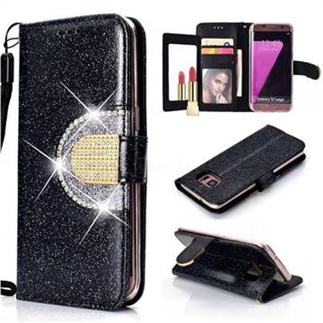 Glitter Diamond Buckle Splice Mirror Leather Wallet Phone Case for Samsung Galaxy S7 Edge s7edge - Black