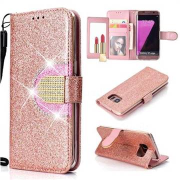 Glitter Diamond Buckle Splice Mirror Leather Wallet Phone Case for Samsung Galaxy S7 Edge s7edge - Rose Gold