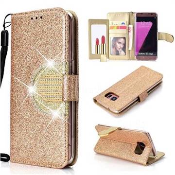 Glitter Diamond Buckle Splice Mirror Leather Wallet Phone Case for Samsung Galaxy S7 Edge s7edge - Golden