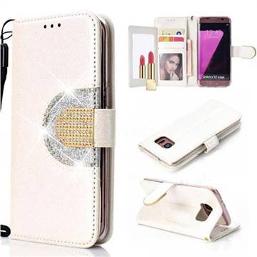 Glitter Diamond Buckle Splice Mirror Leather Wallet Phone Case for Samsung Galaxy S7 Edge s7edge - White