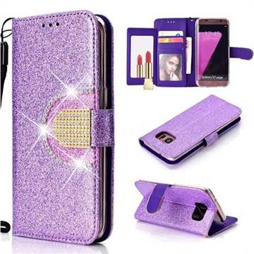 Glitter Diamond Buckle Splice Mirror Leather Wallet Phone Case for Samsung Galaxy S7 Edge s7edge - Purple