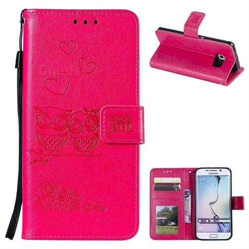 Embossing Owl Couple Flower Leather Wallet Case for Samsung Galaxy S7 Edge s7edge - Red