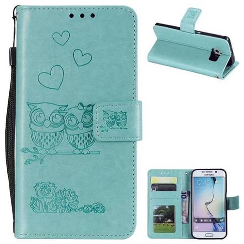 Embossing Owl Couple Flower Leather Wallet Case for Samsung Galaxy S7 Edge s7edge - Green