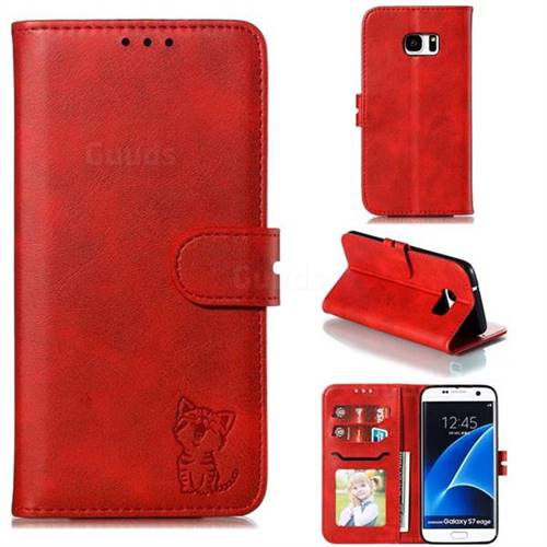 Embossing Happy Cat Leather Wallet Case for Samsung Galaxy S7 Edge s7edge - Red