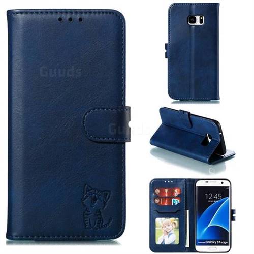 Embossing Happy Cat Leather Wallet Case for Samsung Galaxy S7 Edge s7edge - Blue