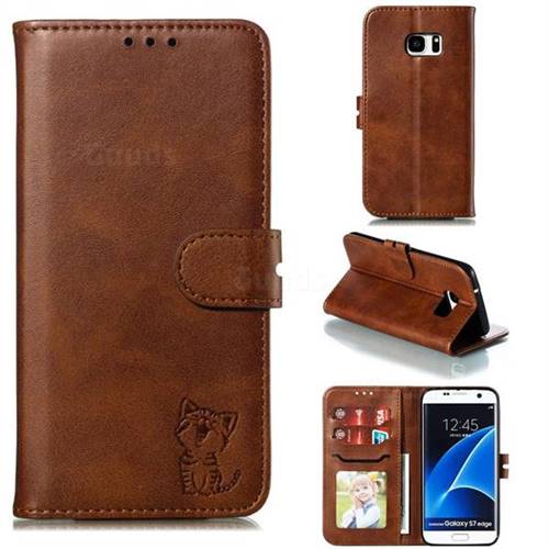 Embossing Happy Cat Leather Wallet Case for Samsung Galaxy S7 Edge s7edge - Brown