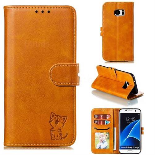 Embossing Happy Cat Leather Wallet Case for Samsung Galaxy S7 Edge s7edge - Yellow