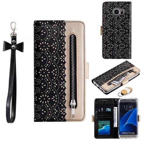 Luxury Lace Zipper Stitching Leather Phone Wallet Case for Samsung Galaxy S7 Edge s7edge - Black