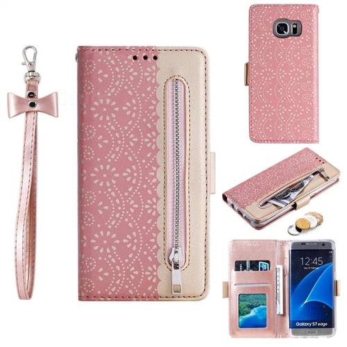 Luxury Lace Zipper Stitching Leather Phone Wallet Case for Samsung Galaxy S7 Edge s7edge - Pink