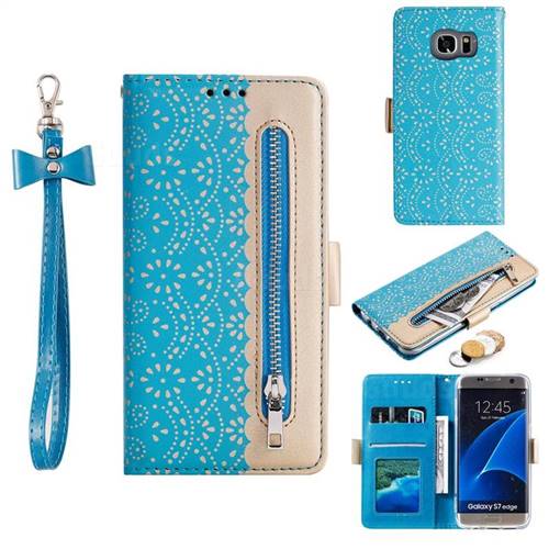Luxury Lace Zipper Stitching Leather Phone Wallet Case for Samsung Galaxy S7 Edge s7edge - Blue