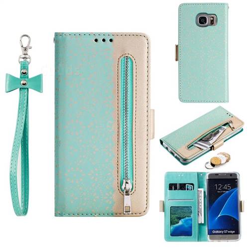 Luxury Lace Zipper Stitching Leather Phone Wallet Case for Samsung Galaxy S7 Edge s7edge - Green