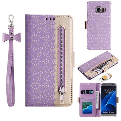 Luxury Lace Zipper Stitching Leather Phone Wallet Case for Samsung Galaxy S7 Edge s7edge - Purple