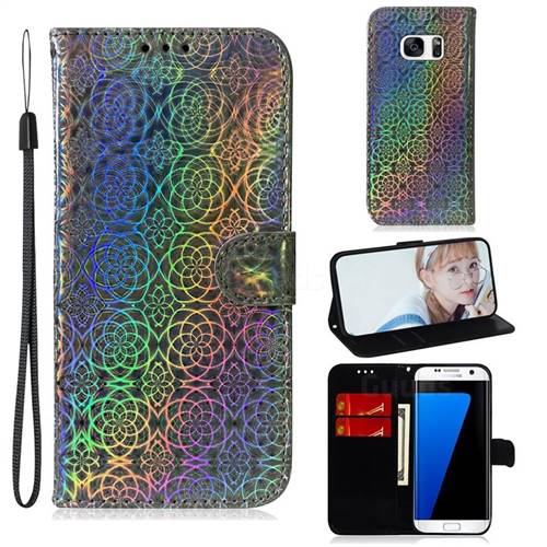 Laser Circle Shining Leather Wallet Phone Case for Samsung Galaxy S7 Edge s7edge - Silver