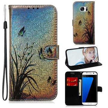Butterfly Orchid Laser Shining Leather Wallet Phone Case for Samsung Galaxy S7 Edge s7edge