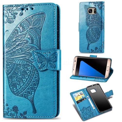 Embossing Mandala Flower Butterfly Leather Wallet Case for Samsung Galaxy S7 Edge s7edge - Blue