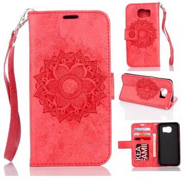 Embossing Retro Matte Mandala Flower Leather Wallet Case for Samsung Galaxy S7 Edge s7edge - Red
