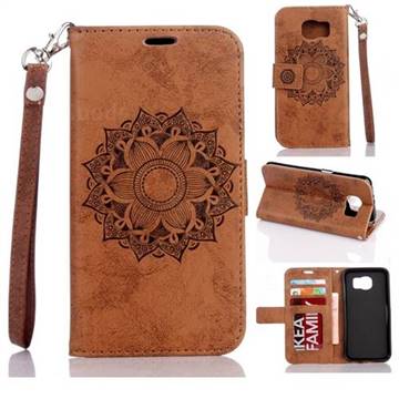 Embossing Retro Matte Mandala Flower Leather Wallet Case for Samsung Galaxy S7 Edge s7edge - Brown
