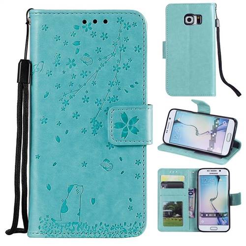 Embossing Cherry Blossom Cat Leather Wallet Case for Samsung Galaxy S7 Edge s7edge - Green