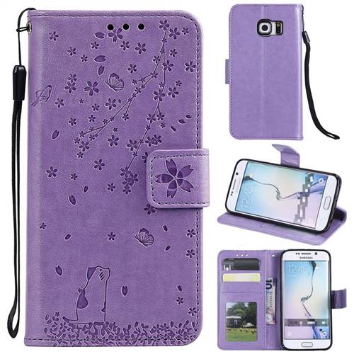 Embossing Cherry Blossom Cat Leather Wallet Case for Samsung Galaxy S7 Edge s7edge - Purple