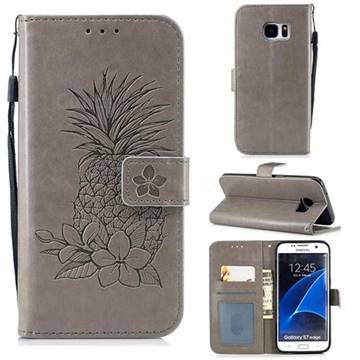 Embossing Flower Pineapple Leather Wallet Case for Samsung Galaxy S7 Edge s7edge - Gray