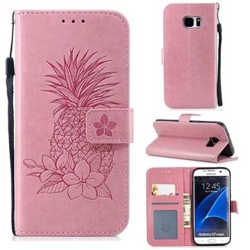 Embossing Flower Pineapple Leather Wallet Case for Samsung Galaxy S7 Edge s7edge - Pink