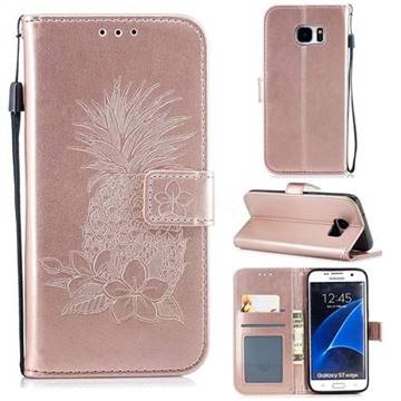 Embossing Flower Pineapple Leather Wallet Case for Samsung Galaxy S7 Edge s7edge - Rose Gold