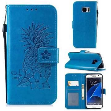 Embossing Flower Pineapple Leather Wallet Case for Samsung Galaxy S7 Edge s7edge - Blue